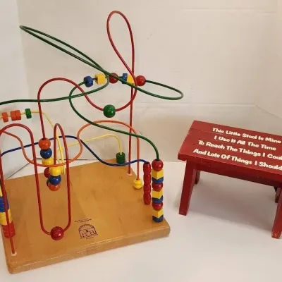 Roller Bead Maze & Child's Red Wooden Step Stool 