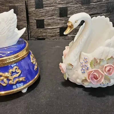 Swan Music Box & Bone China Swan Planter with Applied Floral