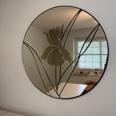 1980's Iris Mirror, 40" on Wooden Backing by David Marshall  