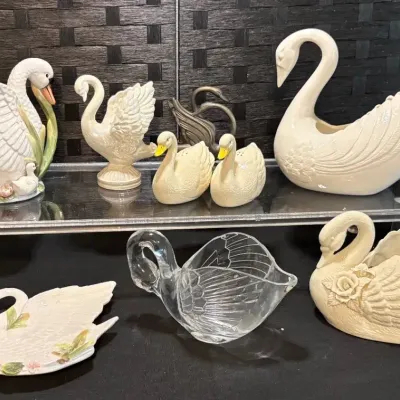Glass and Ceramic/Porcelain Swan Planters + S&P and Silver-plated Napkin Holder 