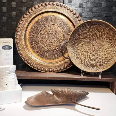 Large Copper Charger, Ginkgo Leaf, Woven Basket & (NIB) Candle Warmer 