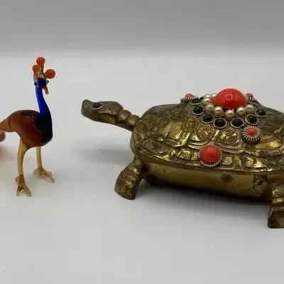 Brass Turtle Box (Missing some stones) and Small Glass Animals 