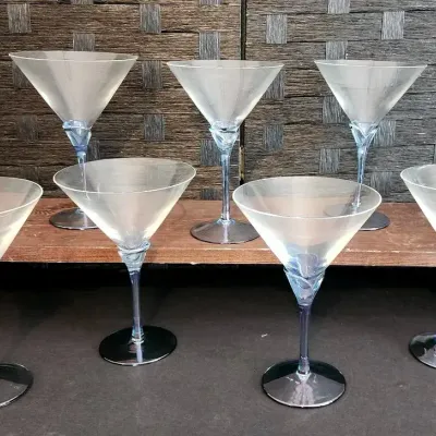 Set of 8 Martini Glasses (w/blue tulip shaped Stems) 