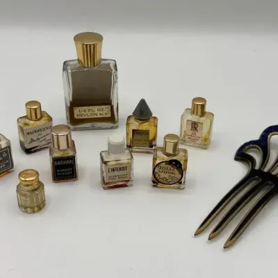 Blue Rhinestone Vintage Celluloid Comb and Tiny Designer Perfume Bottles 