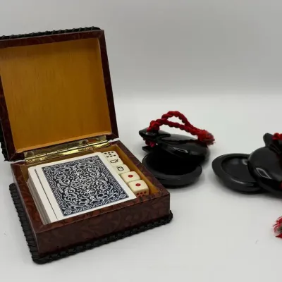 Vintage Wooden Castanets + Playing Cards in Leather Case from Spain 