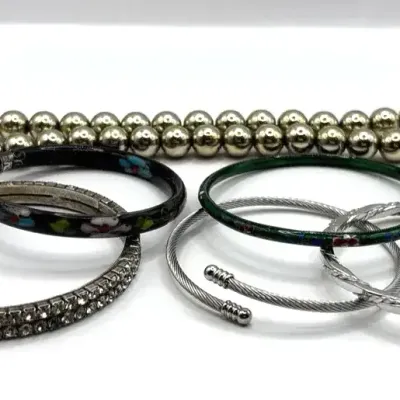 Floral Painted Glass, Rhinestone and Other Bracelets 