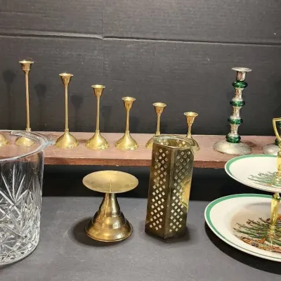 (9) Brass Candle Holders, Spode 2-Tier Christmas Tree Serving Platters, & Lead Crystal Ice Bucket 