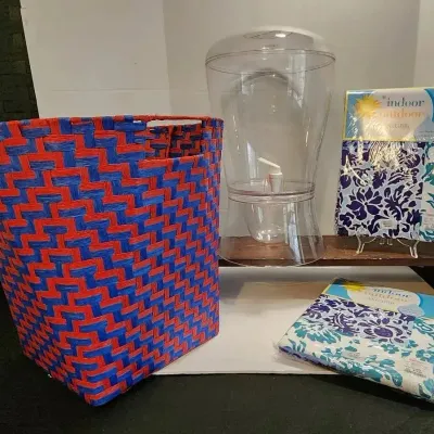 3-Gallon Drink Dispenser, 2 Tablecloths (new) & Large Basket