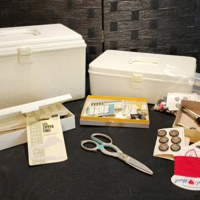 (2) Wilson Sewing Storage Boxes & Variety of Sewing Notions