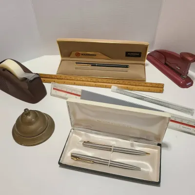 Vintage Parker And Aorora Fountain Pens, Desk Bell, Etc