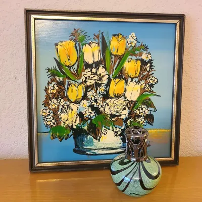 13" Square Mid-century Print with Hand-Painted Embellishment  + Enameled Glass Diffuser