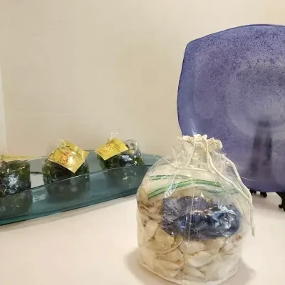 Blue Fused Glass Platter & Long Bowl w/decorative Beads & Shells