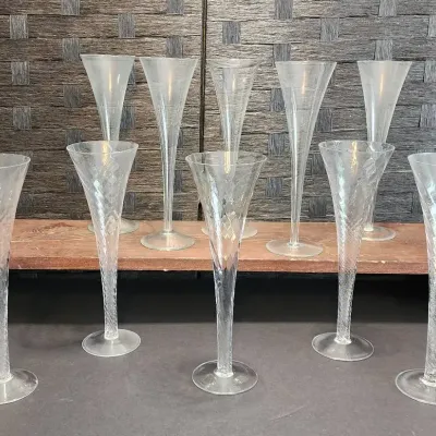 (10) Hand Blown Champagne Flutes (5 w/swirl design) 