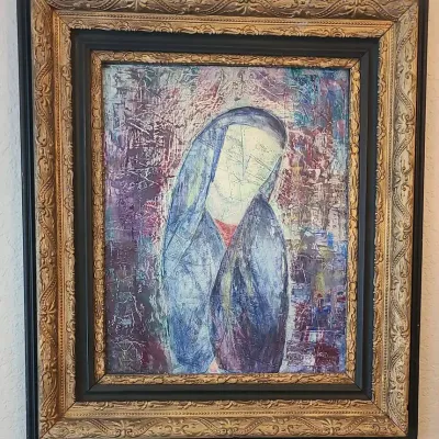 Original Encaustic Painting Of The MadonnaOn Board In Elaborate Antique Gesso Frame