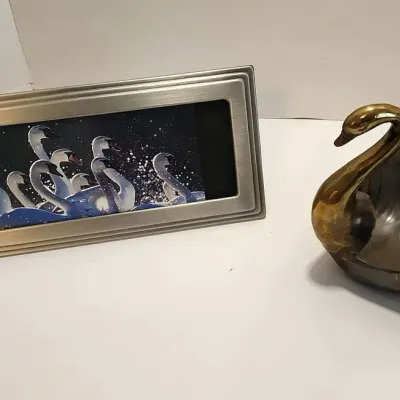 Brass Swan Planter and Small Framed Print 