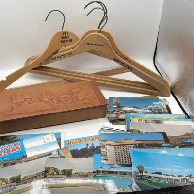 Mid Century Postcards, Mt Rushmore Souvenir Box and Wooden Hotel Hangers