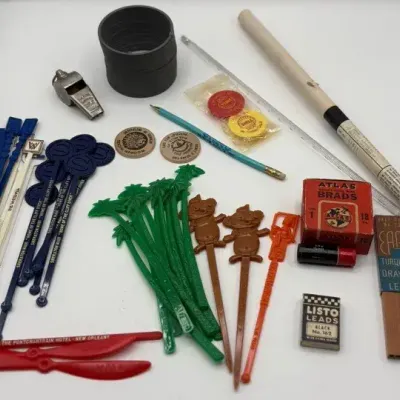 Various Collectibles- England Police Whistle, Vtg Swizzle Sticks, Lead Boxes, Shell Oil Caps, More 