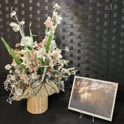 Wicker Basket Arrangement w/ Pink & White Flowers & 11"x14" Poster Of Oak Alley Plantation 