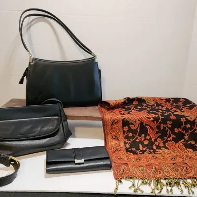 (2) Leather Purses, Liz Claiborne Wallet & Reversible Paisley Pashmina Wrap