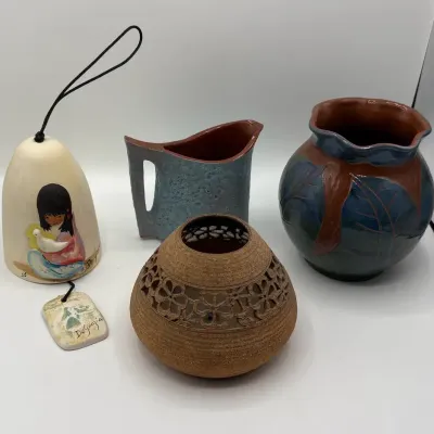 Clay Pottery Pitcher, Planter and DeGrazia Bell 