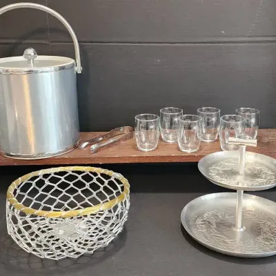 Insulated Ice Bucket w/6 Glass Tumblers, Silver/Gold Metal Basket & 2-tier Floral/Aluminum 