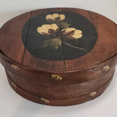 Antique 15" (Cheese Box?) Stained/fabric Lined with Floral Painting on Top 