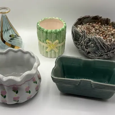 Small Planters, Newer and Vintage + Made in Egypt Glass Vase