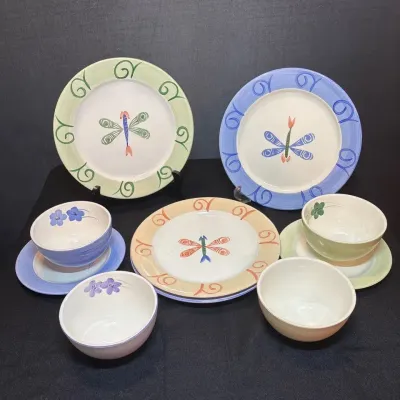 Hand-Painted Dragonfly Ceramic Dinnerware Lot