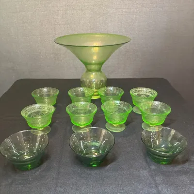 Vintage Uranium Glass Sherbet Cups/Green Depression Glass Collection 