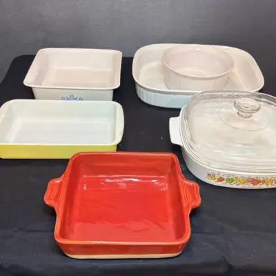 Vintage CorningWare, Pyrex, & Emily Henry Bakeware. 