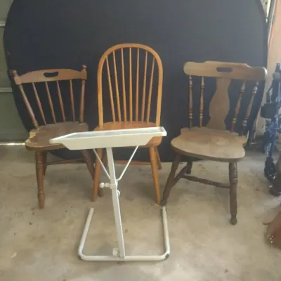 3 Wood Chairs And An Adjustable Work Stand