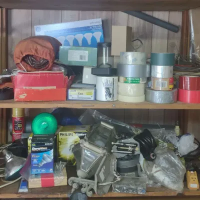 The Contents Of Two Shelves, Hardware, Tape And More