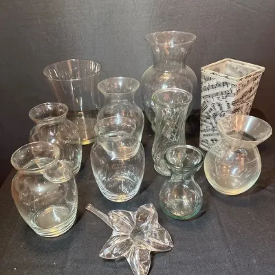 Assorted Clear Glass Vases & Floral Decor 