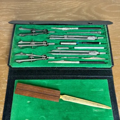 Vintage Precision Drafting Instrument Set & Brass Letter Opener