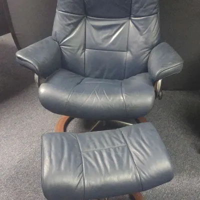 Stressless Blue Leather Recljner And Ottoman