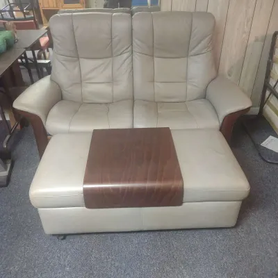 Stressless Grey Leather Loveseat With ottoman 