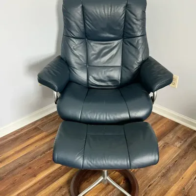 Navy Blue Leather Stressless Recliner & Ottoman 