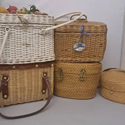 Fruit Topped Wicker Picnic Basket & Wicker Purses 