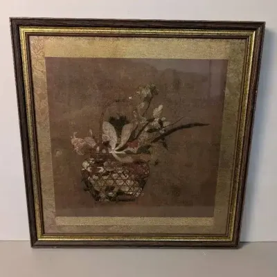 Classical Eastern Asian Style Basket Filled w/Flowers - Print
