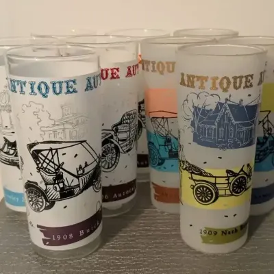 Frosted Glass Tumblers w/Antique Car/Autos 