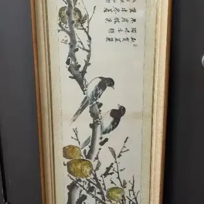 Chinese Bird & Fruit Ink Painting w/ Calligraphy & Red Seals – Framed 4++ Feet Tall 