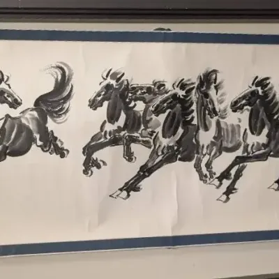 Traditional Chinese Ink-And-Wash Scroll Painting Depicts Eight Galloping Horses