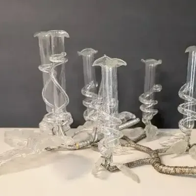 Murano-Style Clear Art Glass Floral Branch Centerpiece