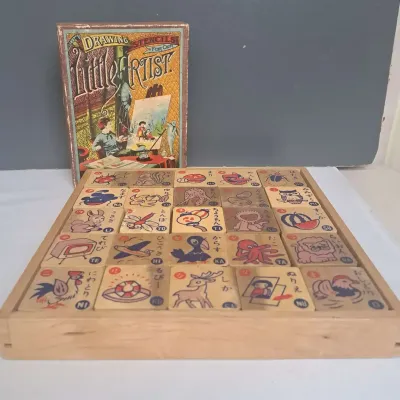 Showa-era Japanese wooden "moji asobi" Learning Blocks & Little Artists Drawing Stencils 
