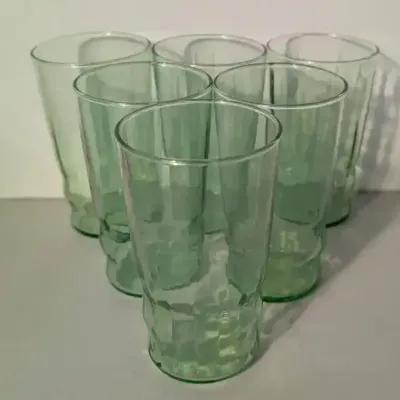 Green Glass Tumblers Featuring A Textured, Panel-Molded Faceted 