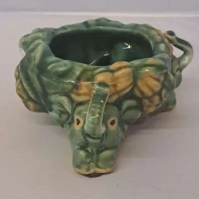 Majolica-Style Ceramic Planter -Three Lucky Elephants w/ Raised Trunks