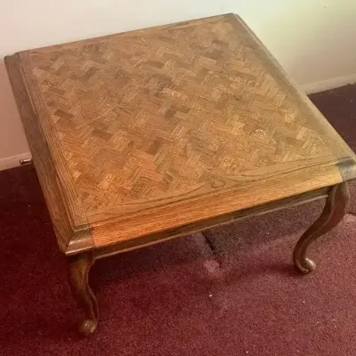 French Provincial Style Square Coffee Table w/Intricate Herringbone Parquetry 