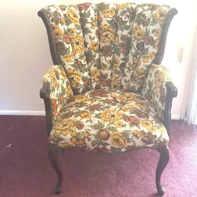 Queen Anne-Style Channel-Back Armchair Colored Floral & Fruit Tapestry #1