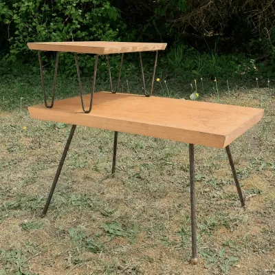 MCM Two-Tier Wooden Side Table Raised Upper Tier & Slender Iron Hairpin Legs 