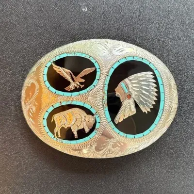 Johnson & Held Handcrafted Belt Buckle w/Native American Theme Inlay 